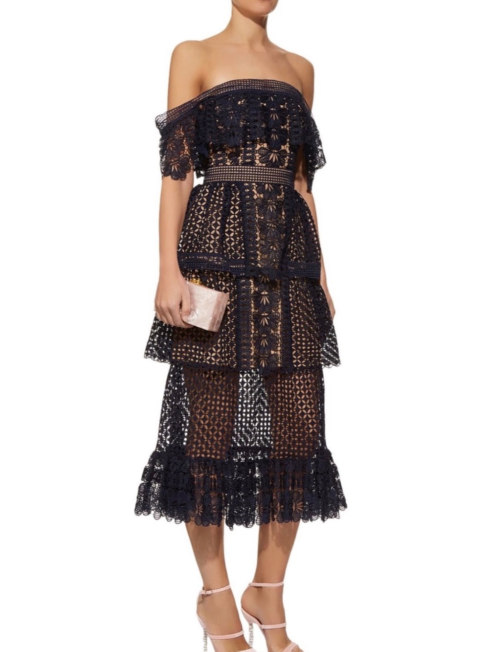 Self-Portait Navy Guipure Lace (Retail $975CAD) Off-Shoulder Midi Dress - Picture 5 of 7